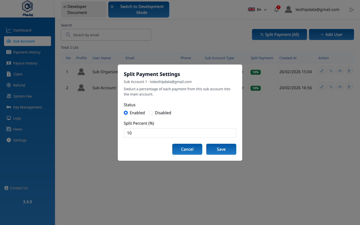 Split Payment Settings ສຳລັບຫນຶ່ງ sub account