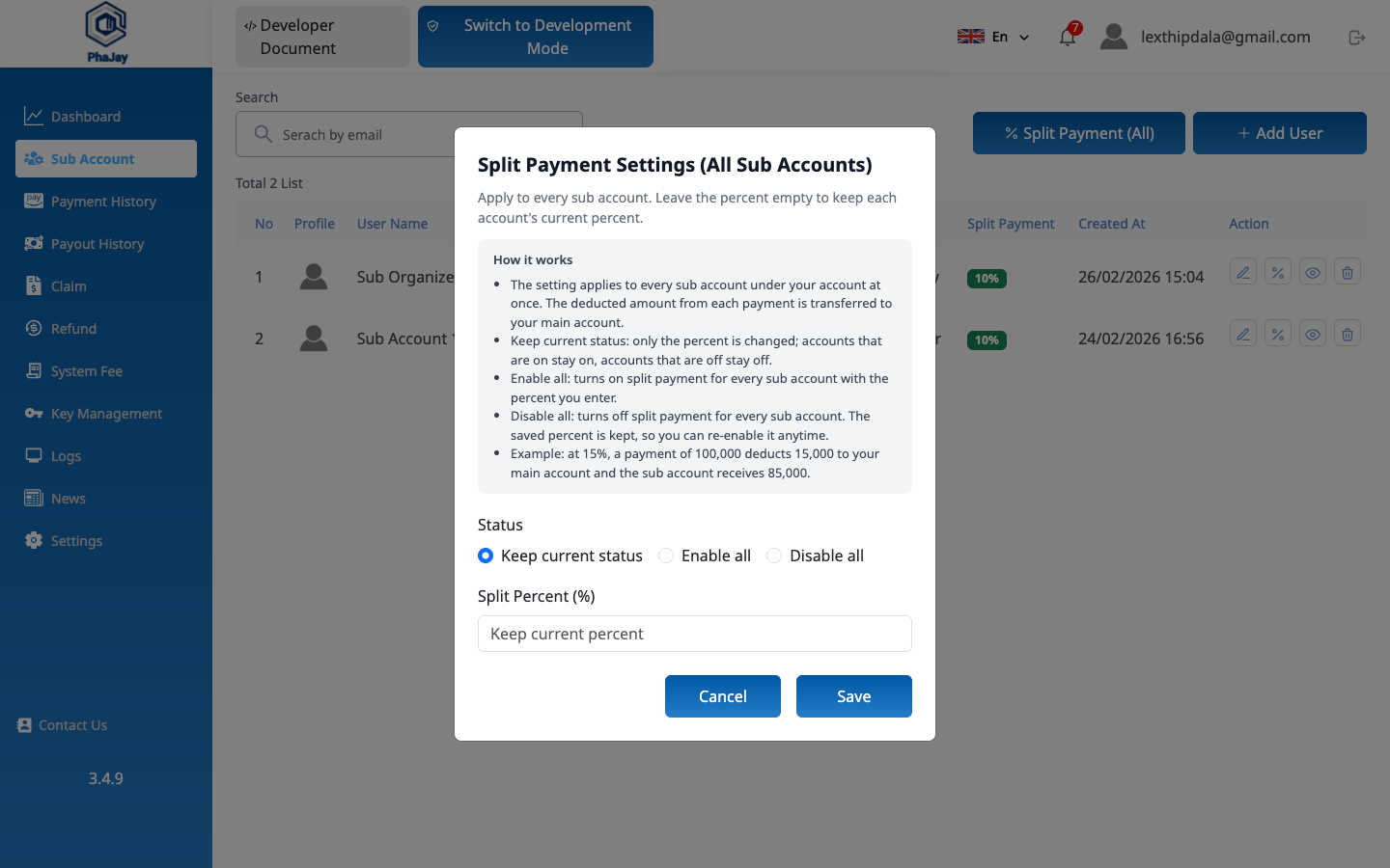 Split Payment Settings ສຳລັບທຸກ sub account